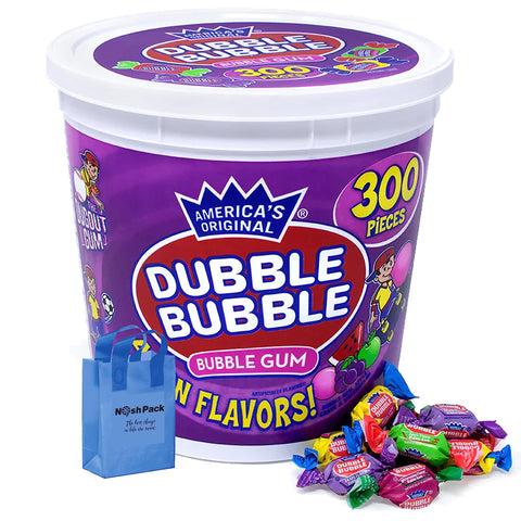 NOSH PACK Duble Buble Gum Bulk Tub, Double Bubble Bubble Gum Individually Wrapped Bulk Bucket of Gumballs, Original Bubblegum, with Nosh Pack Bag (300 Pieces)