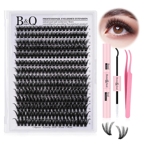 DIY Lash Extension Kit 280pcs Individual Lashes Cluster B&Q D Curl Eyelash Extension Kit Lash Clusters with Lash Bond and Seal and Lash Applicator Tool for Self Application (KIT,50D-D-9-16MIX)