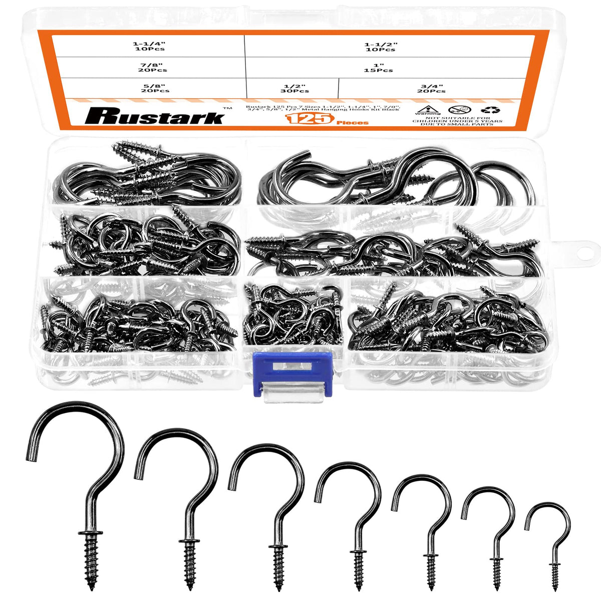 Rustark 125Pcs Black Screw-in Cup Hooks Kit, 7 Sizes Ceiling Small Hooks for Hanging Outdoor or Indoor Use (1/2â€ 5/8â€ 3/4â€ 7/8â€ 1" 1-1/4â€ 1-1/2â€) (Black)