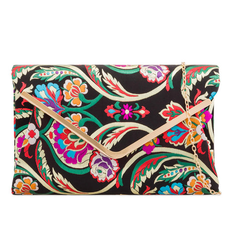 Purple Possum® Clutch Bag Black Satin Floral Evening Bag, Ladies Large Pink Purple Blue Green Flowers Shoulder Bag, Prom Wedding Handbag
