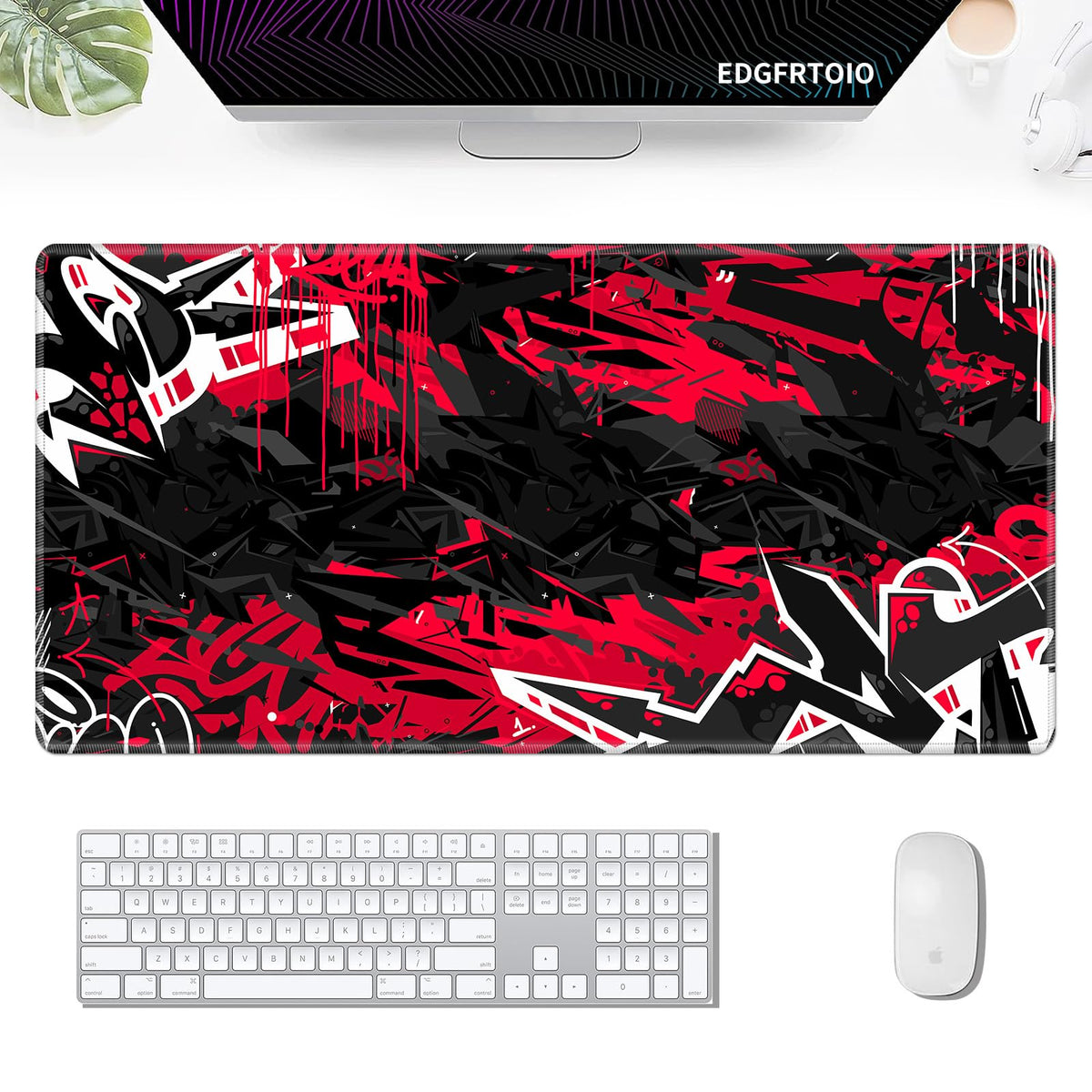Gaming Mouse Pad, EDGFRTOIO Keyboard Mouse Pad 31.5x15.7 inch XXL Large Computer Laptop Cool Desk Mat with Non-Slip Rubber Base and Stitched Edge for Home Office Work, Black Red Graffiti