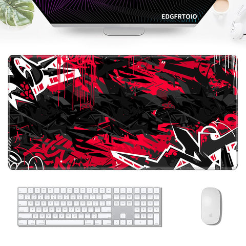 Gaming Mouse Pad, EDGFRTOIO Keyboard Mouse Pad 31.5x15.7 inch XXL Large Computer Laptop Cool Desk Mat with Non-Slip Rubber Base and Stitched Edge for Home Office Work, Black Red Graffiti