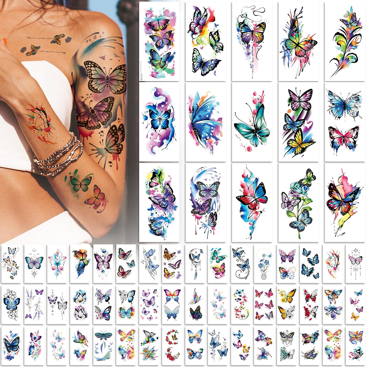 EMOME 79 PCS Butterfly Temporary Tattoos for Women Girls, Realistic Colorful Sleeve Tattoos Stickers, Waterproof Long Lasting Temporary Tattoos for Face Arm Leg Body