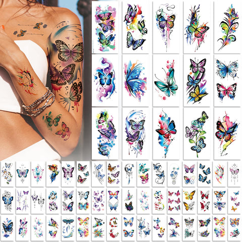 EMOME 79 PCS Butterfly Temporary Tattoos for Women Girls, Realistic Colorful Sleeve Tattoos Stickers, Waterproof Long Lasting Temporary Tattoos for Face Arm Leg Body