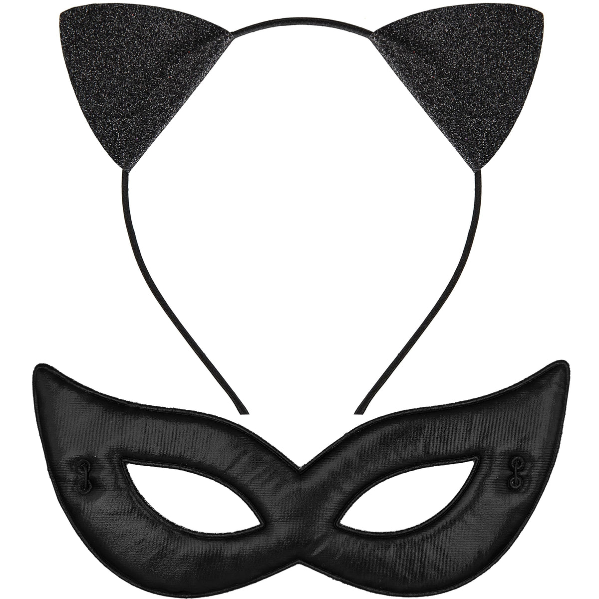Glitter Cat Ears Headband with Cat Face Mask -Halloween Fancy Dress Cat Hairband - Black - no