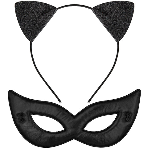 Glitter Cat Ears Headband with Cat Face Mask -Halloween Fancy Dress Cat Hairband - Black - no