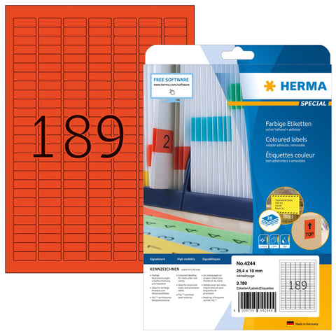 HERMA Self Adhesive Coloured Labels, 189 Labels per A4 Sheet, 20 Sheets, 25.4 x 10 mm, 3780 Labels, Blank Removable Colour Labels Stickers, Sticky Labels for Laser & Inkjet Printer, Red