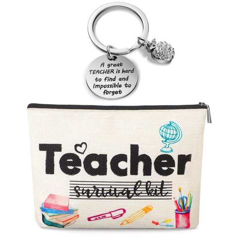 Weewooday Teacher Appreciation Present for Women Makeup Bag Keychain for Teacher for 2024 Graduation(Teacher Survival Kit)