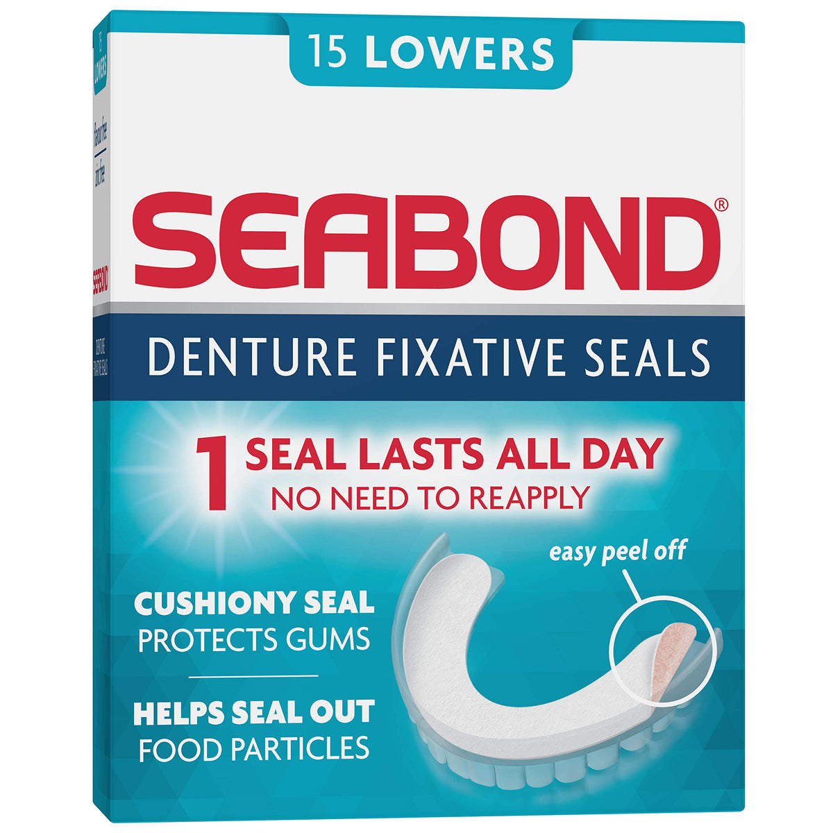 Seabond Denture Fixative Seals, Soft Adhesive Cushion, Last All Day and Protect Gums, 15 Lowers
