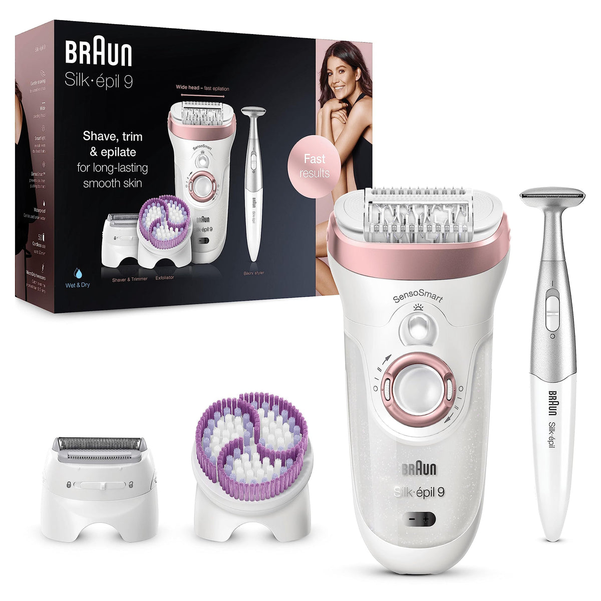 Braun Silk-Ã©pil 9 Epilator for Long-Lasting Hair Removal with Electric Shaver & Trimmer, Bikini Trimmer & Exfoliator, 100% Waterproof, UK 2 Pin Plug, 9-980, Rose Gold