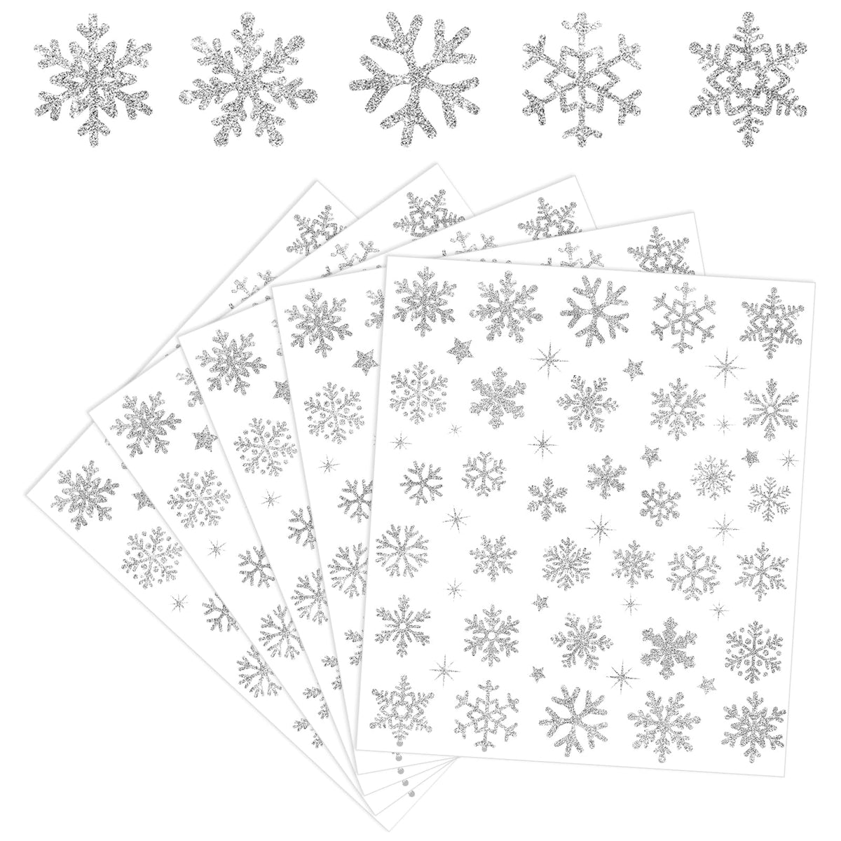 Whaline 330Pcs Winter Glitter Stickers Silver Snowflake Decals Self Adhesive Stickers for Christmas Home Party DIY Crafts Supplies, 10 Sheets