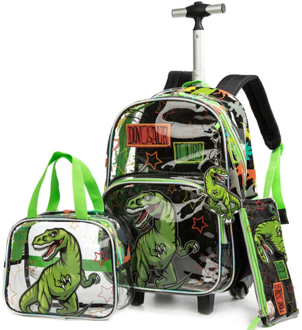 MOHCO Clear Rolling Backpack Kids Wheeled School Bookbag for Boys and Girls (Dinosaur)