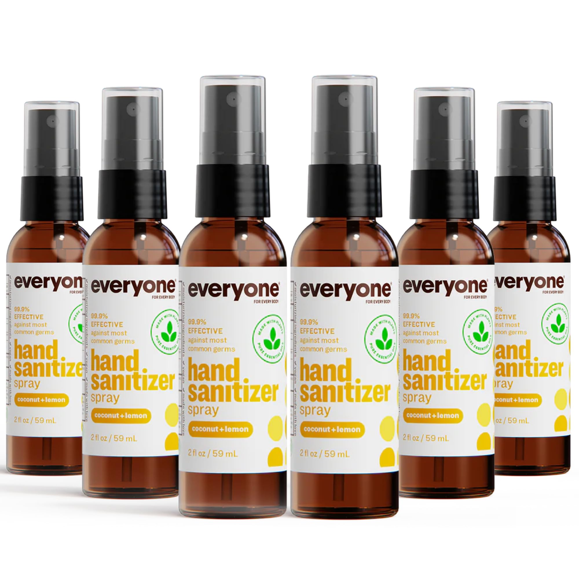 Everyone Hand Sanitizer Spray, 2 Ounce (Pack of 6), Coconut and Lemon, Plant Derived Alcohol with Pure Essential Oils, 99% Effective Against Germs