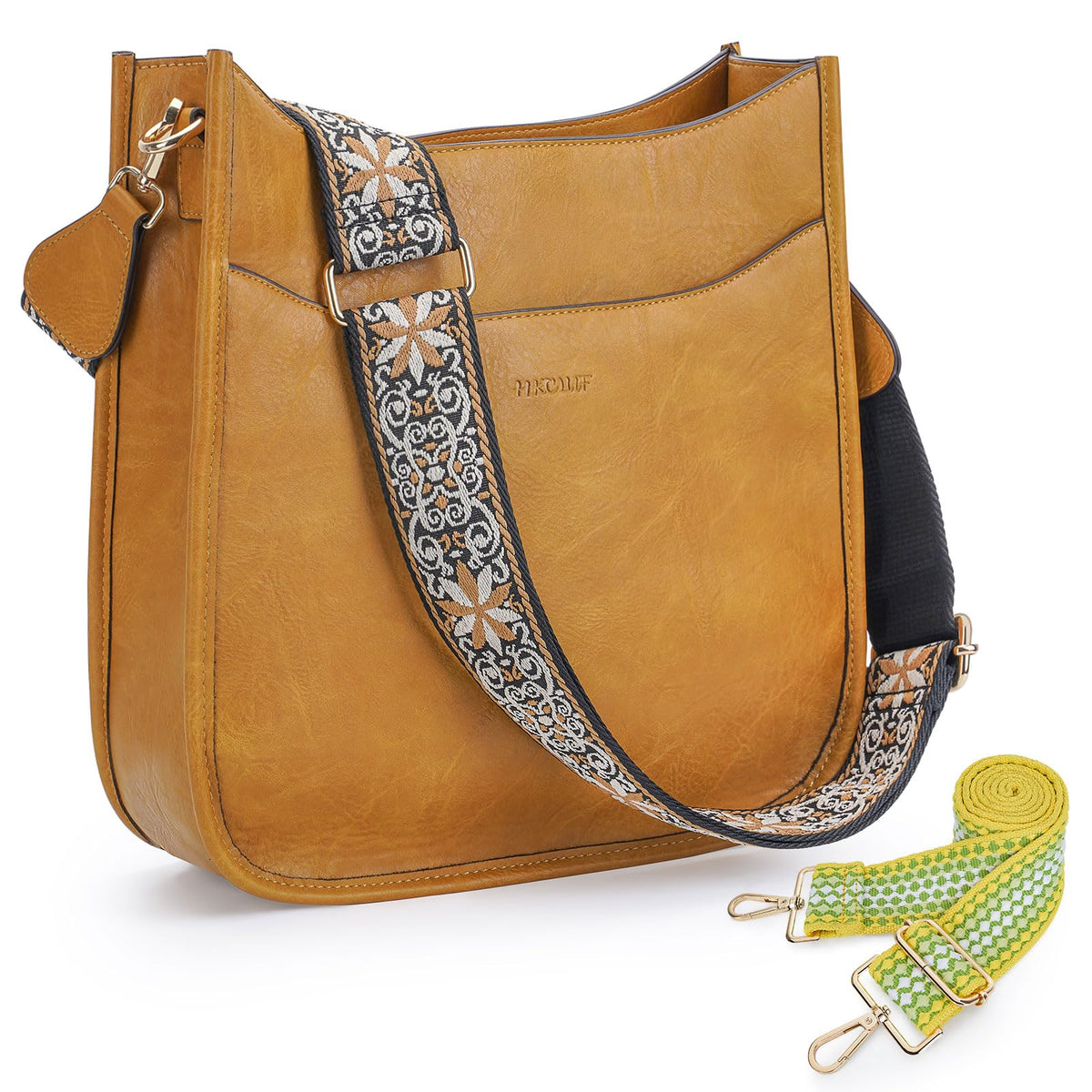 HKCLUF Crossbody Bag for Women Trendy,Vegan Leather Designer Hobo Handbags Shoulder Cross-body Bucket Bags with 2PCS Adjustable Strap(deep yellow)