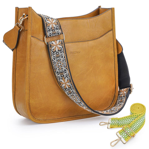 HKCLUF Crossbody Bag for Women Trendy,Vegan Leather Designer Hobo Handbags Shoulder Cross-body Bucket Bags with 2PCS Adjustable Strap(deep yellow)