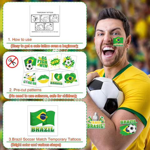 HOWAF 60pcs Brazil Soccer Temporary Tattoos for America Tournament 2024 Soccer Match Decoration, Brazil Flag Face Tattoos Stickers for America 2024 Soccer Match Soccer Fans Group Events Supplies