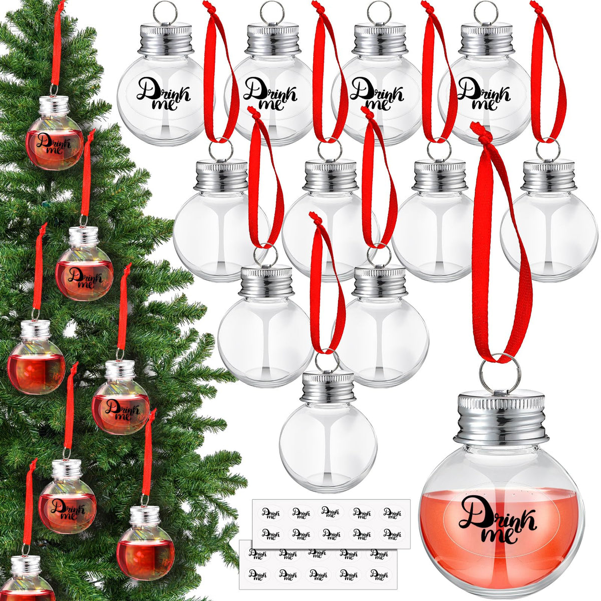Patelai 12 Pieces Christmas Booze Balls Christmas Fillable Booze Tree Ornaments Plastic Christmas Ornaments Pendant Ball with Stickers for Christmas Home Holiday Wedding Party Decoration