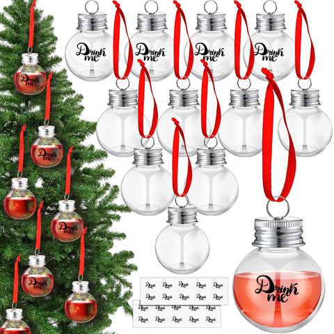 Patelai 12 Pieces Christmas Booze Balls Christmas Fillable Booze Tree Ornaments Plastic Christmas Ornaments Pendant Ball with Stickers for Christmas Home Holiday Wedding Party Decoration