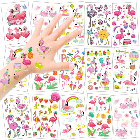 HOWAF Pink Flamingo Temporary Tattoos, 12 Pieces Summer Pool Themed Fake Tattoos for Kids, Waterproof Hawaiian Tropical Tattoos Stickers for Flamingo Themed Birthday Party Supplies Favors