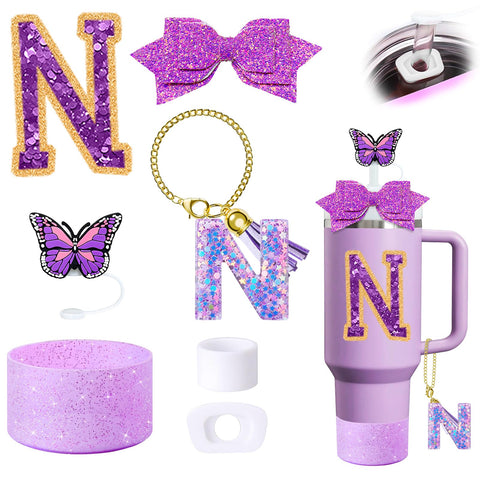7Pcs Purple Stanley Cup Accessories Set for Stanley Cup 30&40 Oz Tumbler - Silicone Straw Cover Cap and Boot, Letter Charm for Handle, Spill Proof Stopper, Bow straw Decoration, Initial Sticker(N)