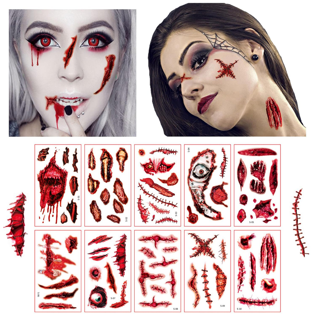 Halloween Zombie Tattoos,Halloween Temporary Tattoos Makeup Kit,10 Sheets 3D Fake Stitches Tattoos Cut Face Wound Chucky Tatoos For Kids Women Men Boys Girls Zombie Makeup Sticker(StyleS)