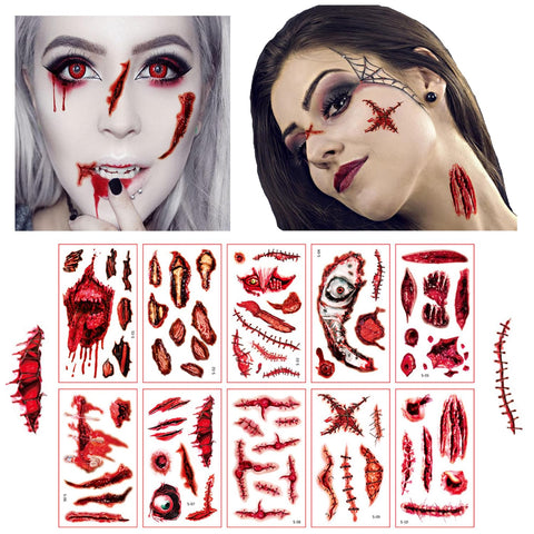 Halloween Zombie Tattoos,Halloween Temporary Tattoos Makeup Kit,10 Sheets 3D Fake Stitches Tattoos Cut Face Wound Chucky Tatoos For Kids Women Men Boys Girls Zombie Makeup Sticker(StyleS)