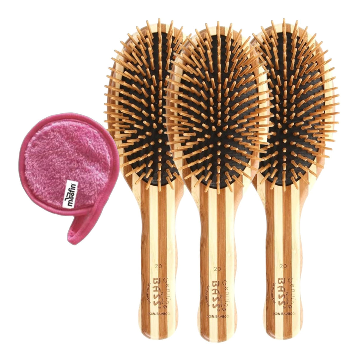 Bamboo Brush with Moofin Makeup Cleansing Cloth, Smooth Glide and Detangling for All Hair Types, Promotes Hair Growth [Pack of 3]
