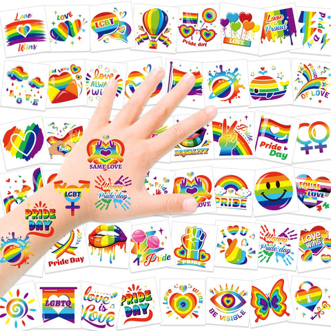 HOWAF 96pcs Gay Pride Temporary Tattoos, Pride Day Party Decorations Face Tattoos, LGBT Fake Tattoos Stickers for Rainbow Party Pride Month Parades and Celebrations Decorations, Love is Love Temporary Tattoos for Adults