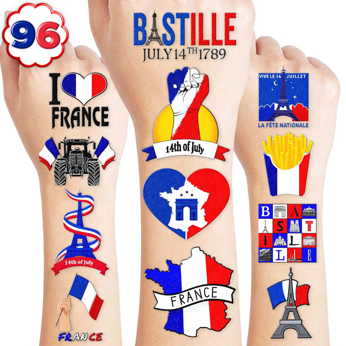Generic 96 PCS France French Flag Country Temporary Tattoos Stickers Themed Birthday Party Decorations Favors Decor Paris Bonjour Party Supplies School Activity Prizes Rewards