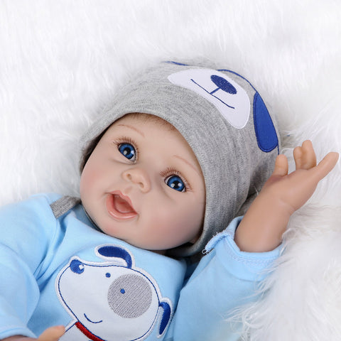 Reborn Baby Doll Soft Silicone Vinyl Baby Boy 22inch 55cm Mouth Cute boy Wearing Toy Blue Dog Cute Doll Gift Set for Ages 3+