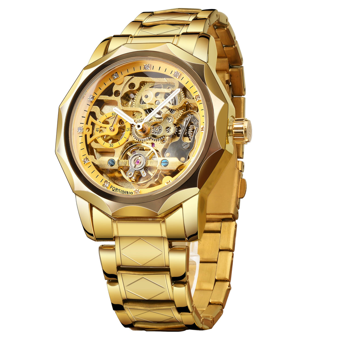FORSINING Men's Skeleton Automatic Tourbillon Watch Self-Wind Hollow Mechanical Watch Tourbillion Rhombus Stainless Steel Wristwatch Gold