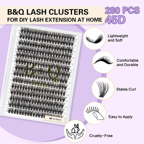 Lash Clusters Individual Lashes B&Q Lash 280 PCS Eyelash Clusters False Eyelash 35D 45D Lash Extension Fluffy Natural Cluster Eyelash Extensions DIY Eyelash Extensions at Home (RR280-45D-C-12mm)