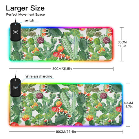 Cactus Wireless Charging Mouse Pad for Mobile Phone Extra Large Gaming Mousepad with 13 Lighting Modes Computer Mat for Gaming MacBook PC Laptop Desk Home Office