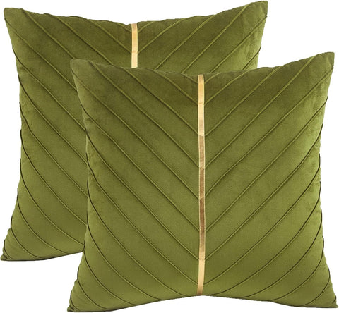 Tosleo Olive Green Velvet Throw Pillow Covers 20x20 Pack of 2 with Gold Leather,Decorative Couch Pillowcases Luxury Modern Pillow Cover for Living Room Bedroom Sofa Cushion Bed 50x50cm