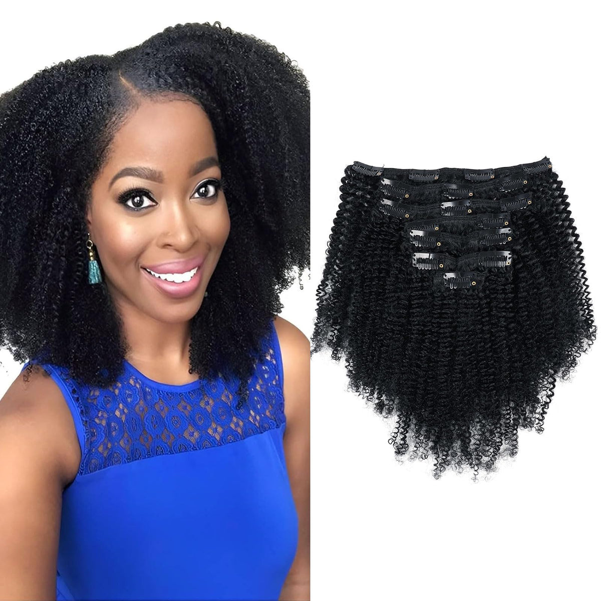 Sassina Afro Coily Clip ins Human Hair Double Wefts 4B 4C Afro Kinky Coily Clip ins for Black Women Jet Black Clip in Full Head 7 Pieces with 17 Clips 120 Grams 14 Inch #1