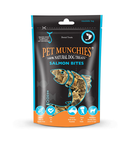 Pet Munchies Salmon Bites Dog Treats, Healthy, Hypoallergenic, Grain Free Chews for Dogs, Made With Natural Quality Wild Salmon Skins 90g (Pack of 8)