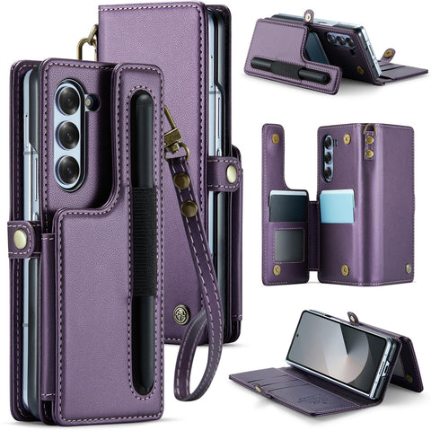 XIMAND for Samsung Galaxy Z Fold 6 Wallet Case with 7 Credit Card Slots and S-Pen Slot,RFID Blocking,Classic Leather Magnetic Clasp Kickstand Cover.Purple