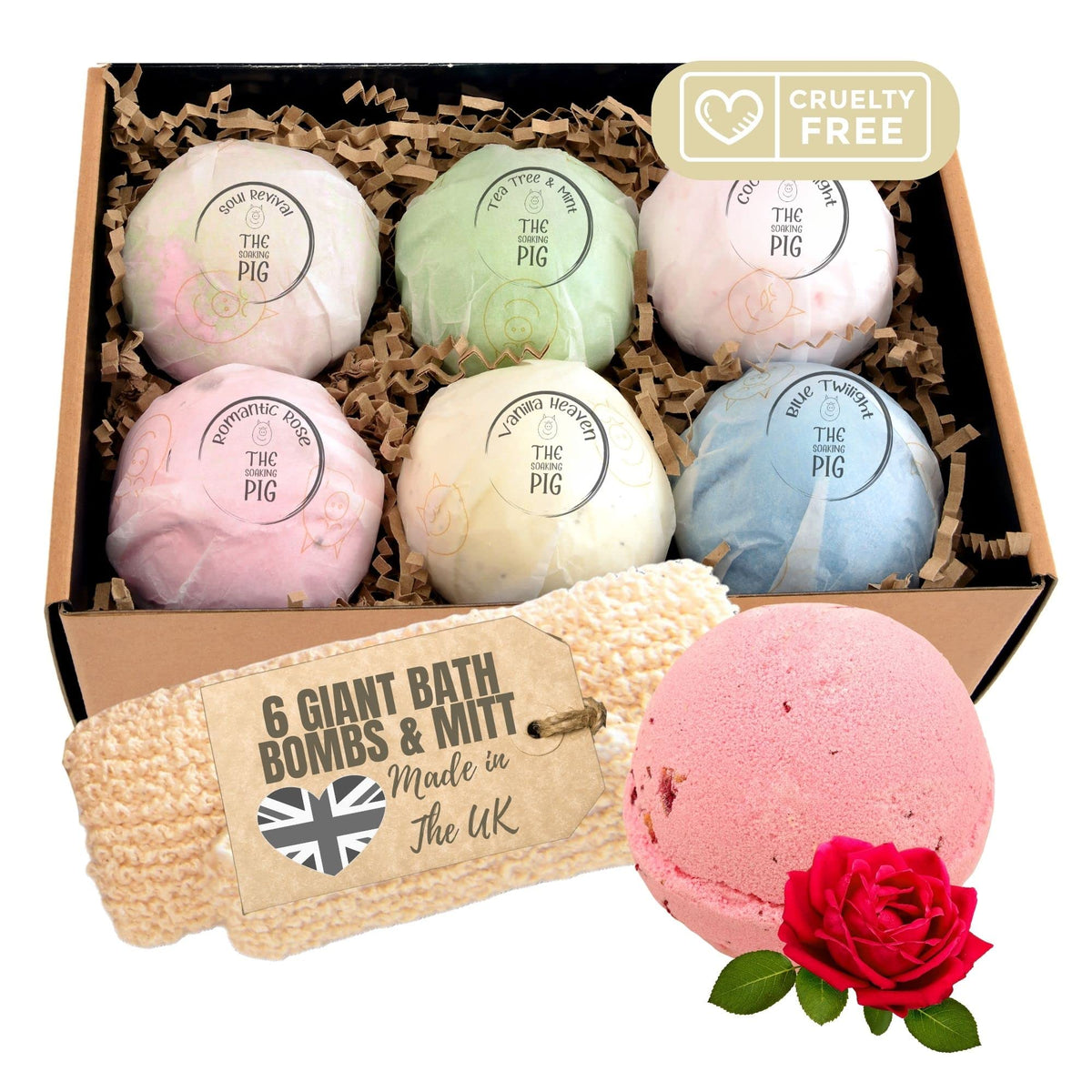 Bath Bomb Gift Set with Natural Exfoliating Mitt and 6 x Extra Large Vegan Bath Bombs 180g and Made in UK. Cruelty Free Spa Gift Set is Wrapped in Tissue Paper and Contains No Plastic