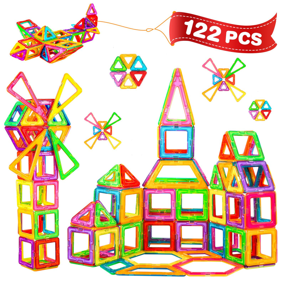 Crenova Magnetic Building Blocks 122PCS Magnetic Construction Set Educational Toys for Boys & Girls Age 3 4 5 6 7 8 Year Old