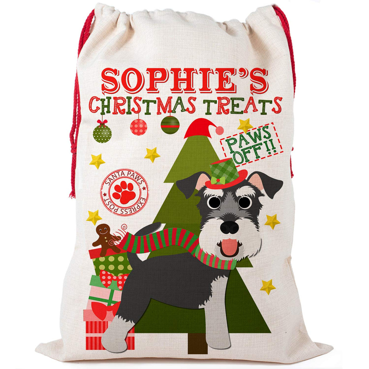 KRAFTYGIFTS Personalised Schnauzer Christmas Sack Dog Puppy Treat Bag Pet Stocking Xmas Present Bag (Dark Grey CDS74, Small)