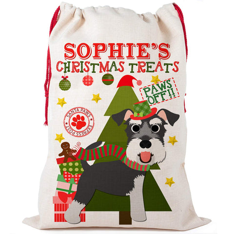KRAFTYGIFTS Personalised Schnauzer Christmas Sack Dog Puppy Treat Bag Pet Stocking Xmas Present Bag (Dark Grey CDS74, Small)