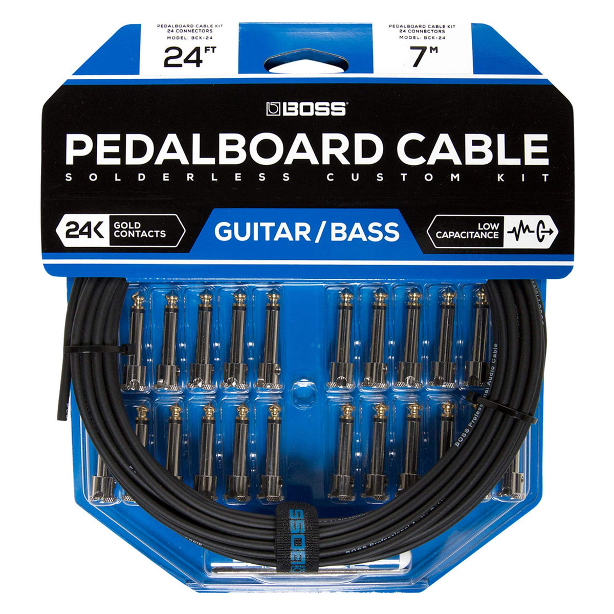 BOSS BCK-24 Solderless Pedalboard Cable Kit - 24 foot cable + 24 Right-angle/Straight 1/4" Plug Connectors to Make 12 Custom Cables