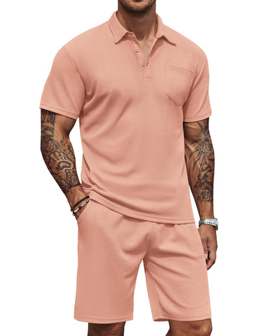 COOFANDY Men's Waffle Knit Polo Shirt and Shorts Set 2 Pieces Outfits Summer Suit Casual Tracksuit with Pockets