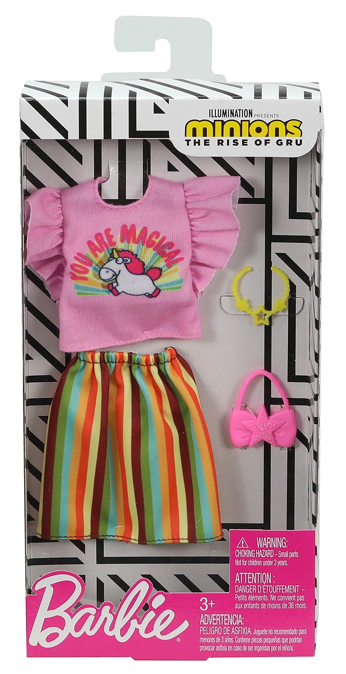 Barbie Minons Clothes: Minions Outfit Doll, Unicorn Top, Striped Skirt, Necklace and Purse, Gift for 3 to 8 Year Olds, Multi (GHX87)