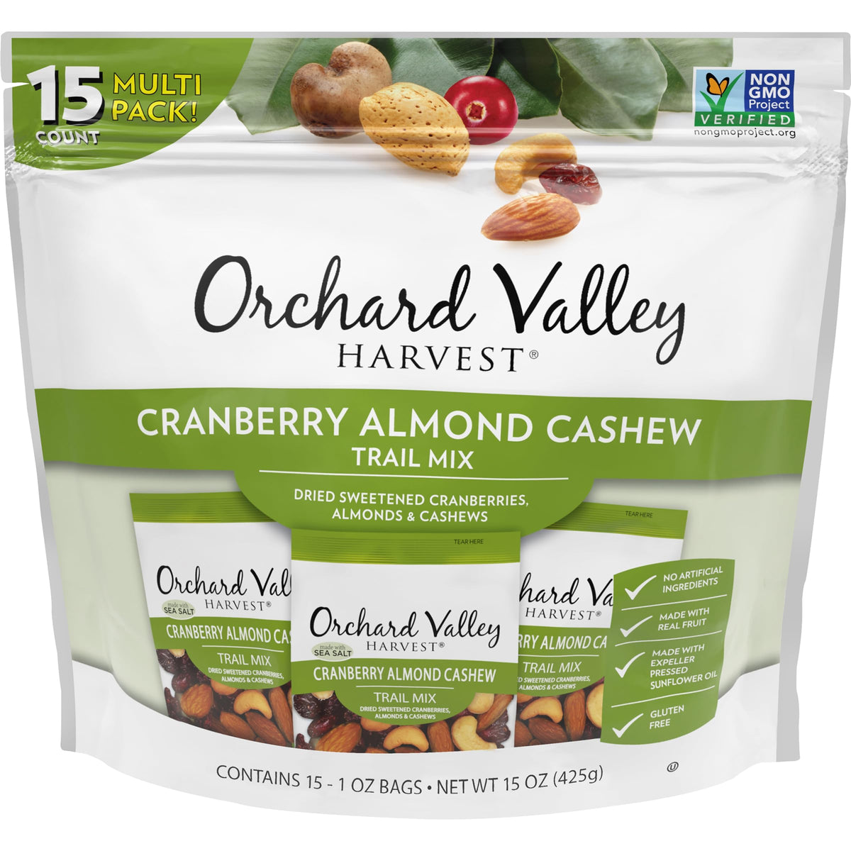 Orchard Valley Harvest Cranberry Almond Cashew Trail Mix, 1 Ounce Bags (Pack of 15), Cranberries, Almonds, and Cashews, Non-GMO, No Artificial Ingredients