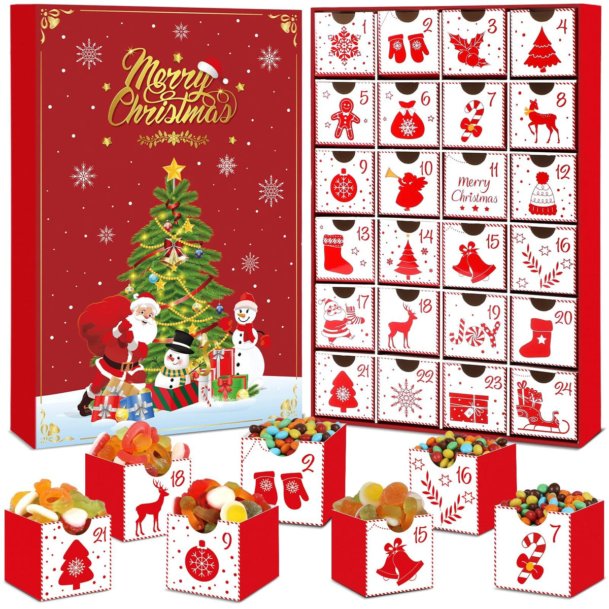 Justforjoyful Red Advent Calendar 2024, Empty Advent Calendar to Fill Yourself, Advent Calendar Box Drawers Christmas Gifts for Kids Adults Personalize with Treats Winter Holiday Xmas Countdown Gift