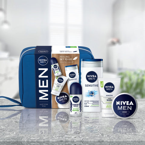 NIVEA MEN Feeling Set To Go Sensitive Care Kit Gift, Includes Face Wash, Shower Gel, Anti-Perspirant and Moisturiser, Men's Skincare
