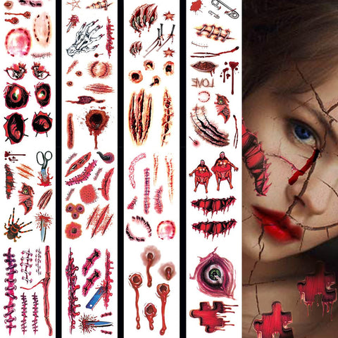 XiaoTu 20 PCS Halloween Scar Temporary Tattoos,Halloween Makeup Kit for Adults Women Men,Realistic Fake Scars Bloody Wound Stitch Horror Zombie Makeup Sticker Tattoos Cut Waterproof Tattoo Stickers Sets