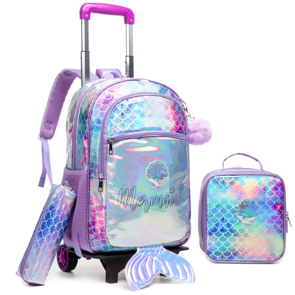 Egchescebo Kids Rolling Mermaids Backpack for Girls Detachable 17" Flamingo Childrens Luggage with Wheels Toddler Travel Suitcase Leather Backpacks Girl Kid Lunch Bookbag Escolares Elementary Blue