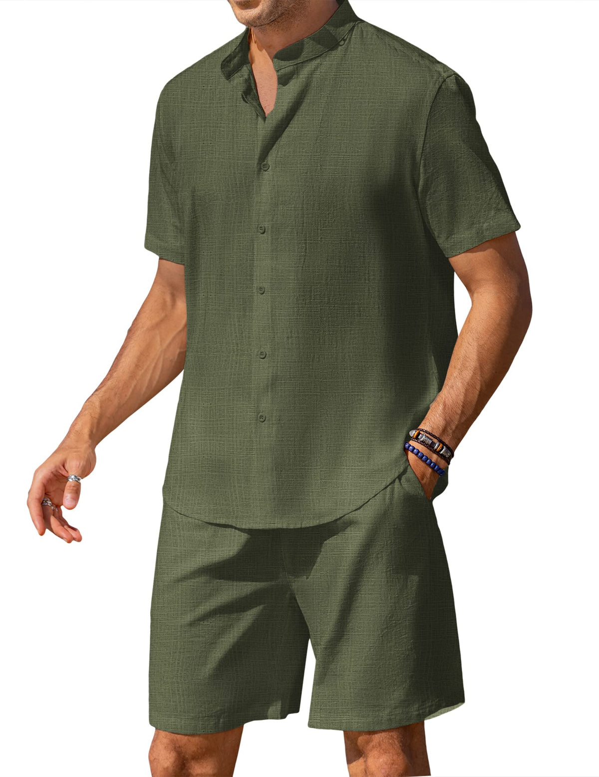 COOFANDY Men's Linen Beach Wear Shirt Set HaWRiian Hippie Dress Shirt and Shorts